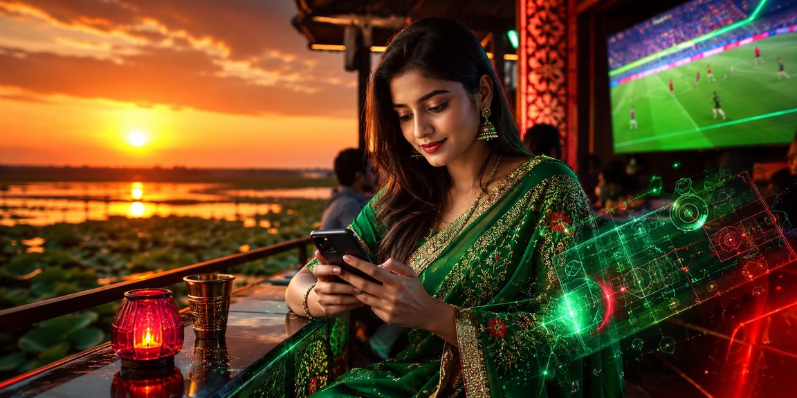 তাঙ্গুয়ার হাওরে শাড়ি পরিহিত নারী মোবাইলে অনলাইন ক্যাসিনো উপভোগ করছেন